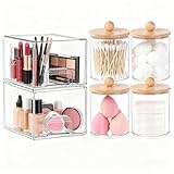 Qeosvve 6 Pack Clear Stackable Storage Drawers & Qtip Holder Dispenser with Bamboo Lids, Clear Plastic Storage Containers for Bathroom, Vanity, Undersink, Kitchen Cabinets, Pantry, Home Organization