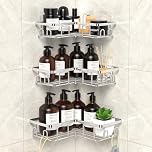 UUlioyer Corner Shower Caddy, Stainless Steel Bathroom Shelf No Drilling, Bath Storage with Hooks (3-Pack Corner Shower Caddy- Silver)
