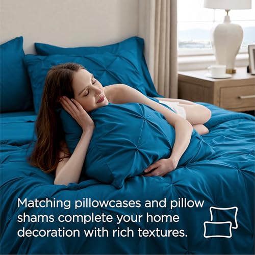 Image of Bedsure Twin Comforter Set Teal - Bed in a Bag Twin Size Bedding 5 Pieces, GentleSoft Pintuck Bed Set Gift for Family, All Season Down Alternative Comforter with Sheets, Pillowcase & Sham