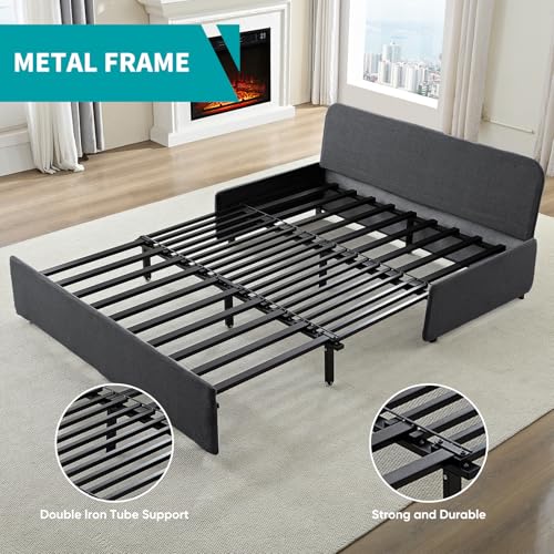 Image of BALUS 64 inch W Queen Size Sleeper Couch Bed Pull Out Sofa with Pullout Beds, 2 in 1 Convertible Linen Single Sleepers Sofas Chair with Foldable Mattress and Pillows for Small Space Apartment, Dark Grey