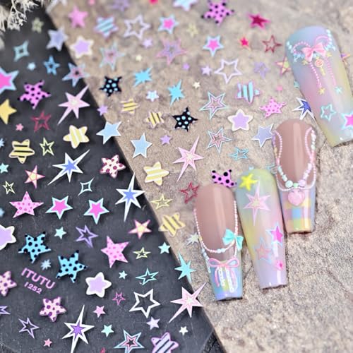 Image of Colorful Star Nail Stickers Decals 4th of July Nail Stickers 3D Self Adhesive with Design Independence Day Nail Decals for Women Manicure Decoration Accessories Supply 1 Sheets