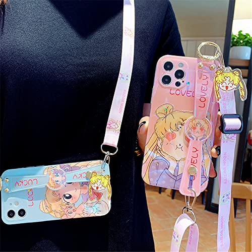 Kimzozkoala For Iphone 12 Mini Case Cover, Cute Japan Anime Sailor Moon Case With Wristband Holder Strap Lanyard Diamond Glitter Soft Phone Case Back Cover For Iphone 12 Mini (Blue) #TOP5