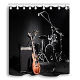 NYMB Music Shower Curtains Set, Musical Instruments Guitar with Drum in Black Waterproof Fabric Shower Curtain, Bathroom Curtain,Hooks Included, 70X70in