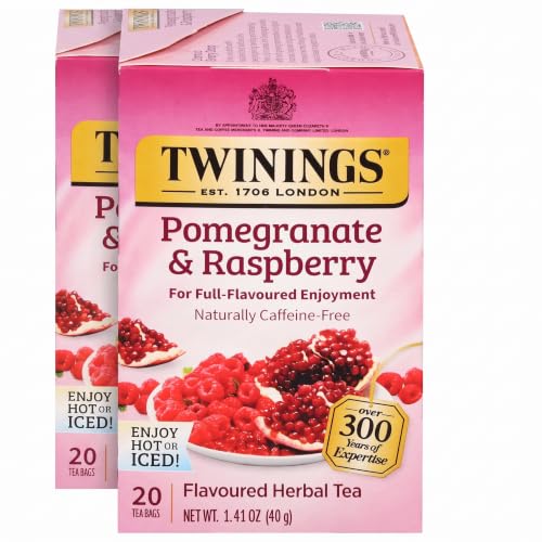 Twinings Pomegranate &amp; Raspberry Herbal Tea Individually Wrapped Bags, 20 Count (Pack of 2), Naturally Caffeine-Free, Enjoy Hot or Iced, 20 Teabags
