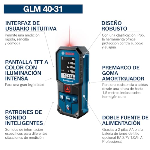 Miniatura 3 de Medidor Láser Glm 40-31 De Bosch Professional Ip65, Cálculos Automáticos De Longitud Área Volumen, Pantalla A Color Con Iluminación Intensa, Compatible Con Batería De Iones De Litio