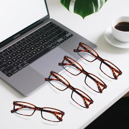 Image of Kerecsen 4 Pack Reading Glasses for Men and Women with Spring Hinges, Lightweight Black Rectangular Readers Eyeglasses (4 Tortoise, 1.50, x)