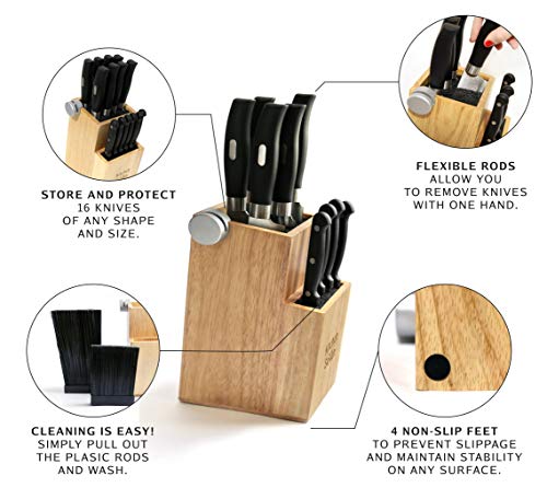 Bamboo Universal Knife Block - Knife Holder With 2 Built-In Knife Sharpeners - 2-Tiered Modern Knife Storage Up To 16 Large And Small Knives Easy Clean Wooden Knife Organizer By Kitchen Seven #TOP2
