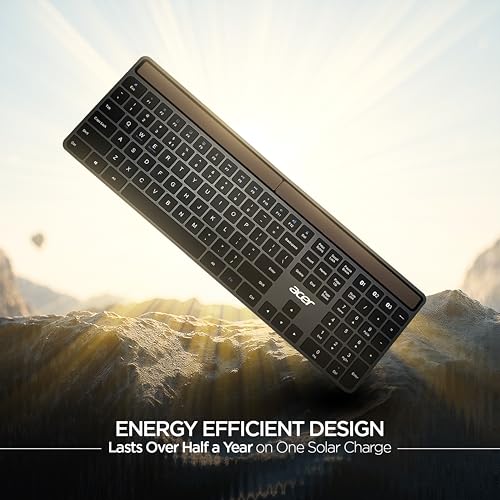 Image of Acer Solaris Solar Powered Bluetooth Keyboard, 109-Key Wireless Keyboard with Super-Capacitor, Multi-Device BT 5.0, Type-C Emergency Charging, 10m Range, for Windows, Mac, Android, Space Grey