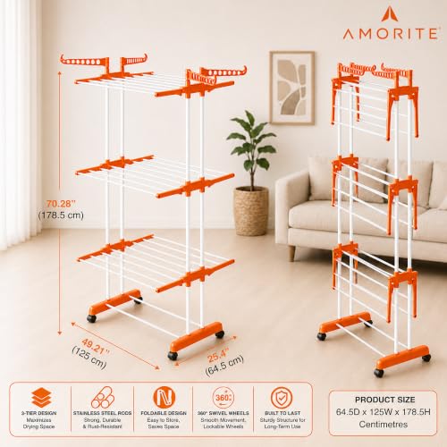 Image of Premium Steel Clothes Drying Stand | 3 Layer Rack with Wheels
