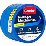 GAUDER Nastro da Pittura per Mascheratura - Adesivo di Precisione per Verniciatura, Ristrutturazione e Fai-da-Te - Carta Washi Rimovibile senza Residui (3 Rotoli - 24 mm x 50 m)