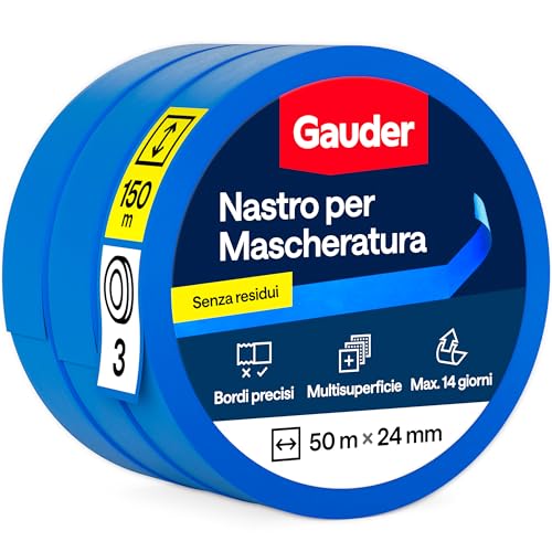GAUDER Nastro da Pittura per Mascheratura - Adesivo di Precisione per Verniciatura, Ristrutturazione e Fai-da-Te - Carta Washi Rimovibile senza Residui (3 Rotoli - 24 mm x 50 m)
