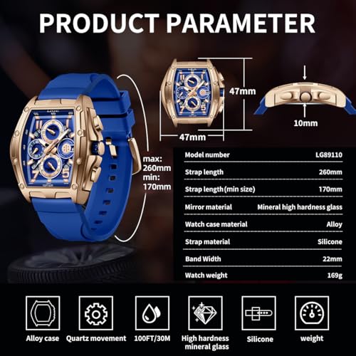 Image of LIGE Mens Watches Luxury Tonneau Watches for Men Waterproof Analog Watch Chronograph Calendar Date Men's Dress Business Work Watch Large Square Face Wristwatch