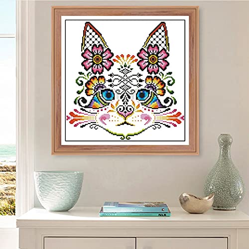 cukol cukol Cross Stitch Kits for Adults, 14x14 in Easy Washable Pre Printed Cat & Flower Pattern - Image 4