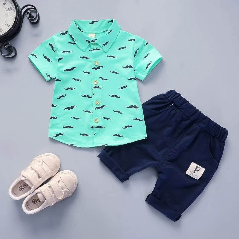 Baby Boys Toddler Summer Shorts Set Short Sleeve Cute Beard T Shirt Tops Pants Kids Casual Button Lapel (Green, 3 Years)