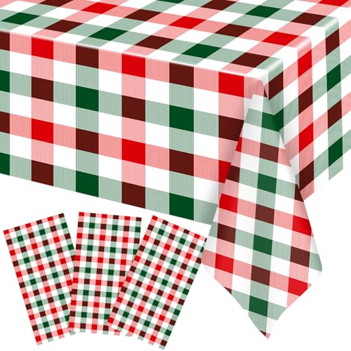 Image of Ganeen 3 Pcs Christmas Buffalo Plaid Tablecloths Disposable Plastic Red and Green Checkered Table Cloths Waterproof Rectangle for Winter Christmas New Year Holiday Party Decor, 54 x 108 Inch