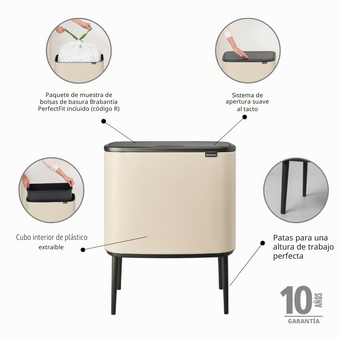 Brabantia - Bo Touch Bin 36L - Papelera Grande para la Cocina - Apertura de Tacto Suave - Antideslizante - Cubo Interior Extraí­ble - Bolsas de Basura Incluidas - Soft Beige - 54 x 31 x 68 cm