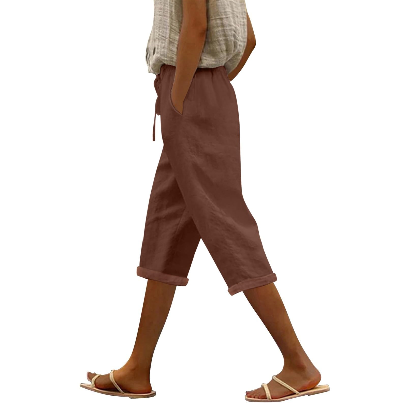 Linen Blend Pants for Women Drawstring Capri Pants with Pockets Wide Leg Cropped Pants for Casual Linen Pants for
