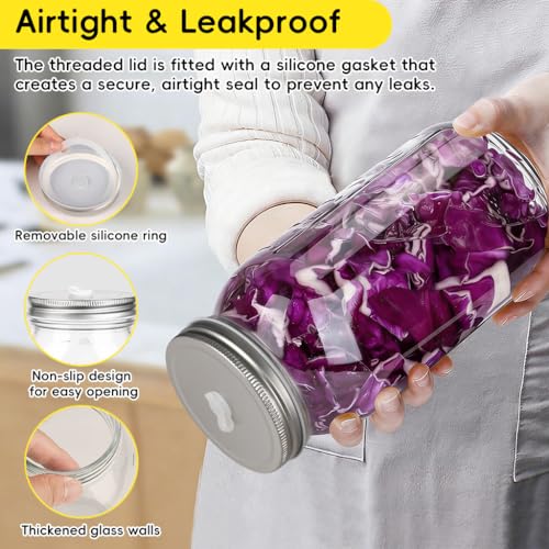 Image of Supvox 32oz Fermentation Jar Kit Air Tight Glass Jar with Stainless Steel Lid and Clear Glass Weights, One-way Exhaust Valve Design, Wide Mouth Glass Container for Pickling, Sauerkraut, Kimchi & Food