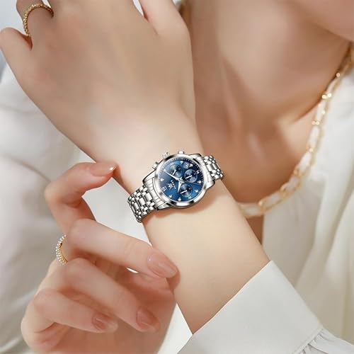 Miniatura 3 de OLEVS Reloj multifuncional de dos tonos para mujer, reloj analógico de cuarzo para mujer, de acero inoxidable, resistente al agua, con diamantes