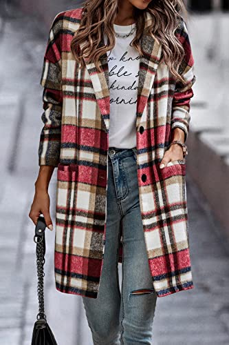 Prettygarden Women's 2023 Plaid Shacket Jacket Casual Button Wool Blend Winter Tartan Trench Coat With Pockets (Red,Medium) #TOP1