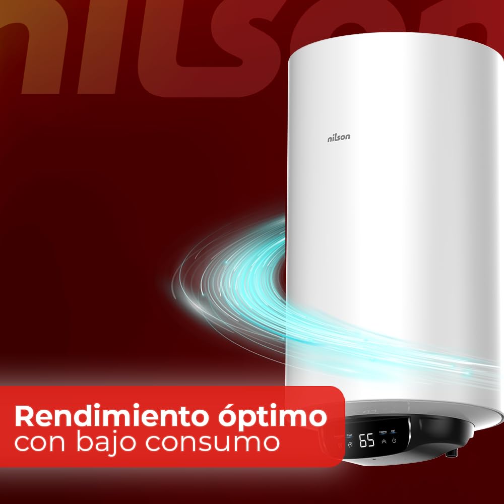 Nilson Termo Eléctrico Vertical 50 Litros NT5000EADW. Display LED, Instalación Vertical, 1500W, Incluye Kit de Montaje, Resistencia de Acero inoxidable, Blanco, Eficiencia Energética Clase B