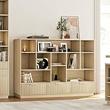 Perledesign Bookshelf and Bookcase with 3 Drawers, 4-Tier Fluted Wide Bookshelf with Storage, Floor Standing Display Storage Shelves, Wooden Book Shelf for Home Office, Living Room, Light Walnut