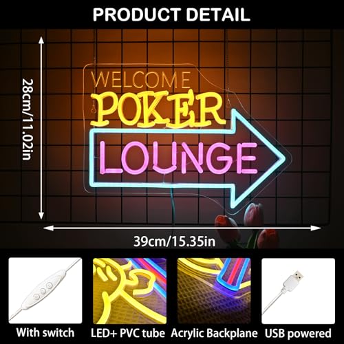 Image of Looklight Welcome Poker Lounge Neon Sign for Wall Decor Right Arrow LED Light Sign Decoration for Bedroom Casino Bar Hotel Play Room Birthday Party, Suitable for Dormitory Man Cave