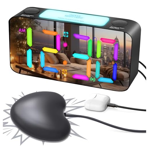 Extra Loud RGB Alarm Clock for Heavy Sleeper Hearing Impaired Deaf Bedroom, Rainbow Vibrating Dual Alarm with Bed Shaker,Large Mirror Screen & 4 Dimmer,7-Color Night Light,USB Charger,Power-Off Memory