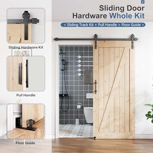 Image of EaseLife 7FT Sliding Barn Door Hardware Track Kit & Handle,Big Industrial Spoke Wheel Pulley,Wall Mount,Slide Smoothly Quietly,Easy Install,Black,84 inch Track Fit for 38-40 inch Wide Opening (No Door)