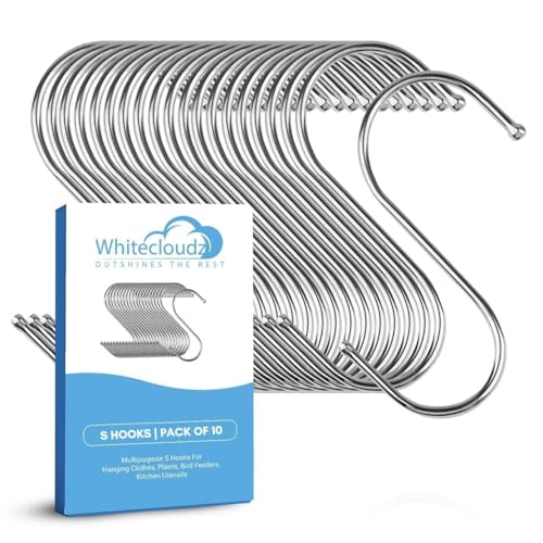 WHITECLOUDZ 10Pack Silver Heavy Duty S Hooks for Hanging Durable Wall Hangings Hooks Stainless Steel Hooks for Hanging Clothes Kitchen Hooks for Utensils Ceiling Hooks for hangings Plants (8.4cm)