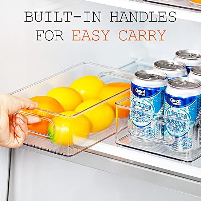 LotFancy Refrigerator Organizer Bins, 4 Pack,10x6x3 in, BPA Free Clear Plastic Storage Bins for Pantry Organization, Stackable Containers with Handles for Fridge, Kitchen Drawer, Freezer, Cabinet
