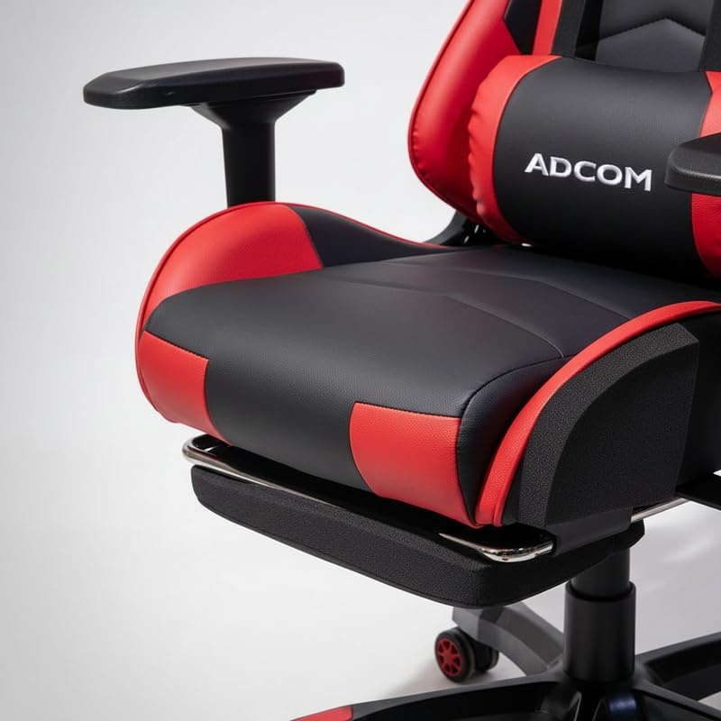 Image of Adcom Mutant Pro Adjustable Gaming Chair, PU Leather, 180 Recline, Ergonomic Neck & Lumbar Support, 4D Armrests with Footrest (Black & Red)