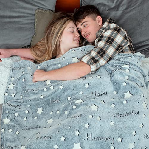 Glow In The Dark Throw Blanket ,Super Soft Cozy Furry Plush Fleece Blanket Decorated With Stars And Words Of Healing, Birthday Gift For Girls Boys Kids Teens Grandkids Toddler, Gray,50"X 60" #TOP2