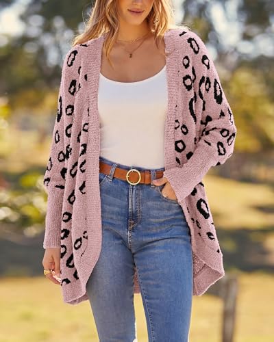 BTFBM Leopard Cardigan for Women Long Sleeve Open Front Cardigans Sweaters Pockets Loose Knit 2026 Fall Winter Outwear(Pink, Large) — view 2