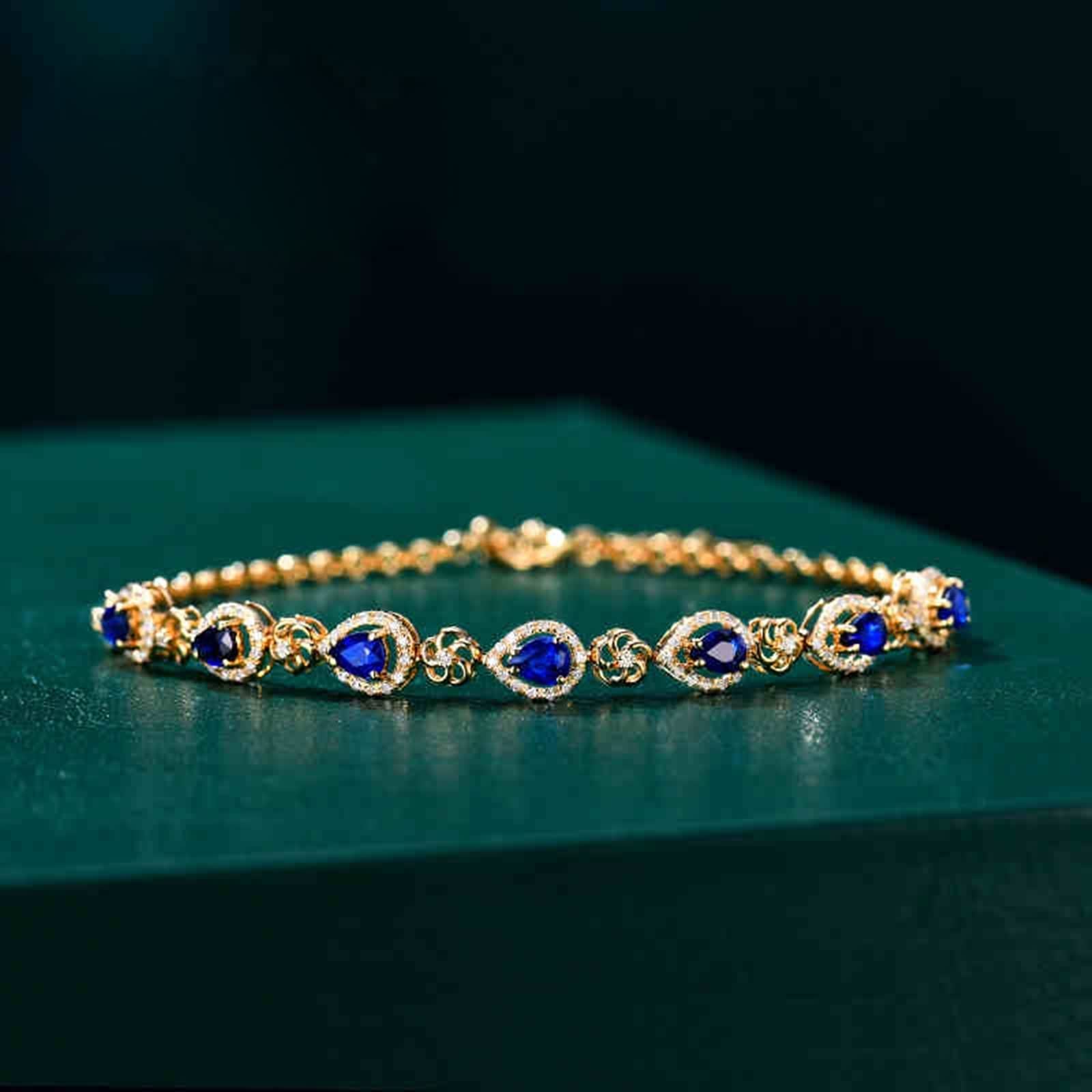 Pulsera Zafiro, Pulseras Mujer En Forma de Pera Azul Oro Rosa de 18 Kilates Zafiro En Forma de Lágrima Con Flor Hueca de 1,3ct Con Diamante