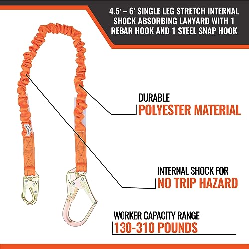 Image of Malta Dynamics 6' Single Leg Stretch Internal Shock Absorbing Lanyard with 1 Rebar Hook and 1 Steel Snap Hook, OSHA /ANSI Compliant
