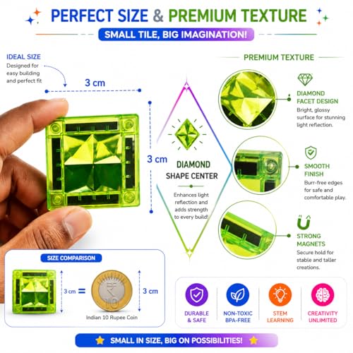 Image of Diamond Glass Tile Magnetic Building Blocks for Kids STEM (26 tiles) | Shinny Magnetic Pixelated Cube Construction Toy | Creative Learning Block Set for Boys & Girls Ages 3-10 | Birthday Gift