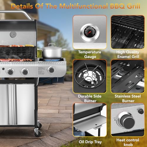 Electactic 3-Burner Propane Gas BBQ Grill with Side Burner,Stainless Steel Grill with Porcelain-Enameled Grates,34000 BTU Barbecue Grill, Suitable for Outdoor Cooking,Camping,Patio Backyard - Image 3