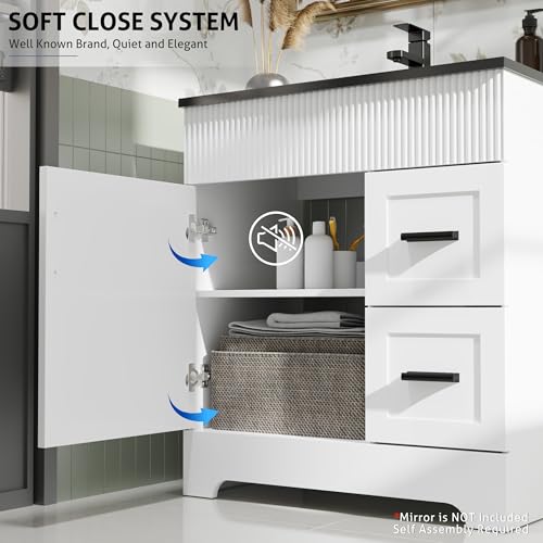 Image of eclife 30 inch Bathroom Vanities Sink Combo with Painted Surface, Modern Drawered Cabinet W /Decorative Wave Lines, Undermount Single Black Sink, Matte Black Faucet Drain, White
