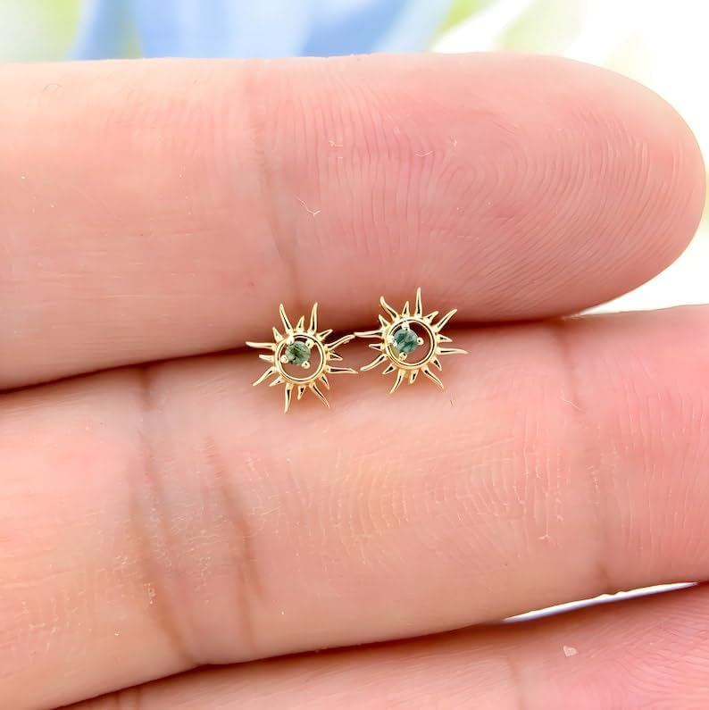 Sun Stud Earrings, 3 MM Stone Moss Agate Stud Earrings, Push Back Stud Earrings, Dainty Round Stud, Sterling Silver Stud, Anniversary engagement Gift for Mother