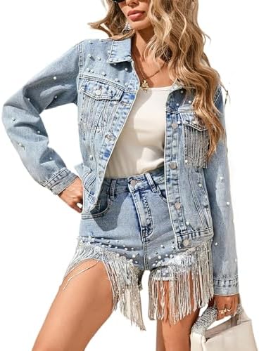 LifeShe Pearl Tassel Jean Jacket for Women with Heart Pearl Back ...