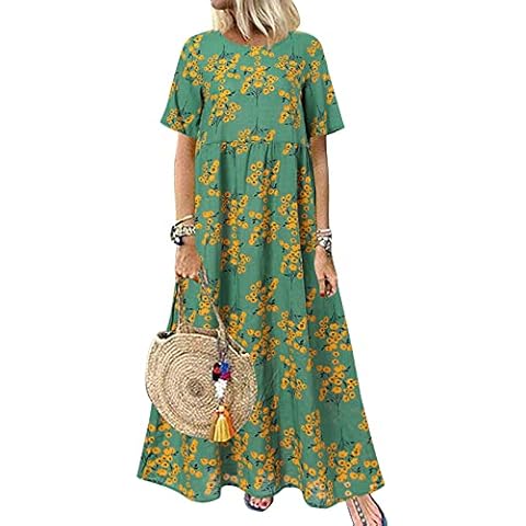 ZANZEA Women Casual Plus Size Maxi Dress Bohemian Short/Long Sleeve Floral Loose Dress Summer Beach Swing Long Sundress Beach Green M Cover