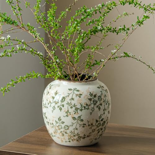 Image of Ceramic Flower Vase | Farmhouse Green Rustic Vase for Home Decor, Vintage Floral Pottery Tuscan Round Vase for Living Room & Kitchen, Mantel & Bookshelf, Centerpieces, Entryway, Wedding(6.7 Inch)