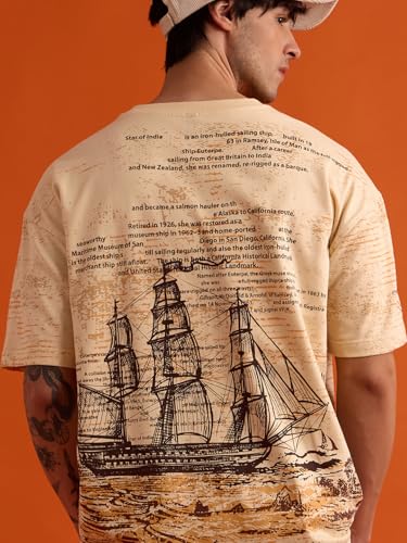 Image of The Souled Store Let's Sail Men and Boys Short Sleeves Round Neck Beige Graphic Printed Cotton Oversized T-Shirts