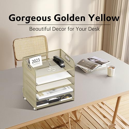Image of Supeasy 5 Trays Paper Organizer Letter Tray with Handle-Mesh Desk File Organizer,Pink Paper Sorter Desk Organizer for Office, Home or School (Gold Yellow)
