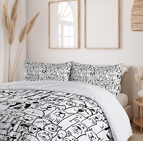 Ambesonne Pet Duvet Cover Set, Group Of Dogs And Cats Animals Fun Happy Beings Cartoon Inspired Design, Decorative 2 Piece Bedding Set With 1 Pillow Sham, Twin Size, Black White #TOP5