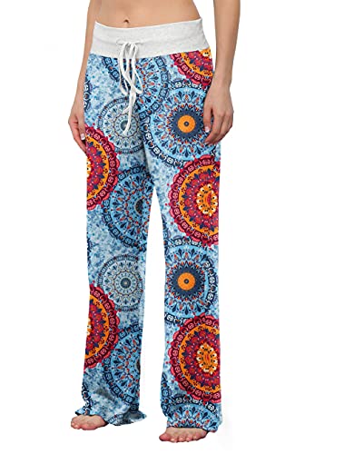 Longyuan Women High Waisted Cotton Pajama Pants Drawstring Palazzo Lounge Wide Leg All Season Small Fl Mix Blue #TOP1