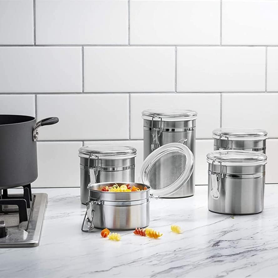 Miniatura 4 de Yosoo Recipientes de almacenamiento de alimentos de acero inoxidable con abrazadera de bloqueo y tapa transparente, tarro grande de cocina para