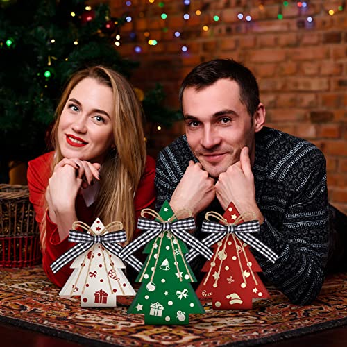 3 Pcs Christmas Tree Tiered Tray Decor Wood Christmas Tree Decorations For Home Wooden Firework Christmas Tree Rustic Decor Christmas Centerpieces With Buffalo Plaid Bow Wooden Table Decoration (Tree) #TOP6
