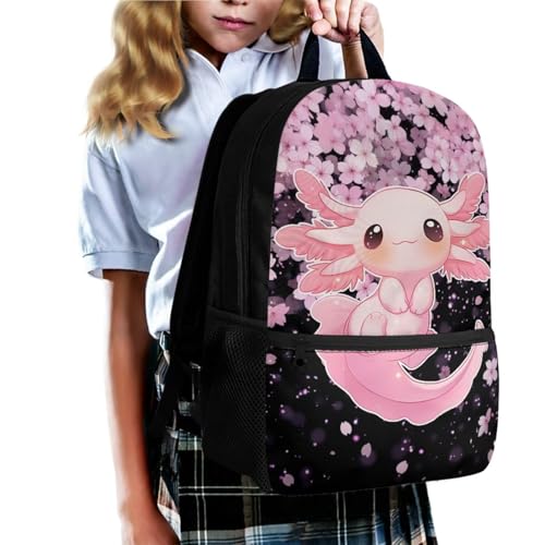 Xhuibop Cute Axolotl Backpack Set for Girls 8-12 4pcs Kids School Bag Cherry Blossom Backpack with Lunch Box, Pencil Case, Water Bottle Sleeve, Lightweight Middle School Bookbag2